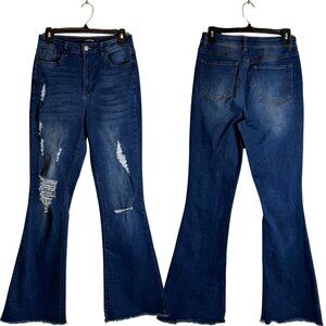 Flamingals Distressed High Rise Flare Denim Jeans Women's Medium Medium Wash